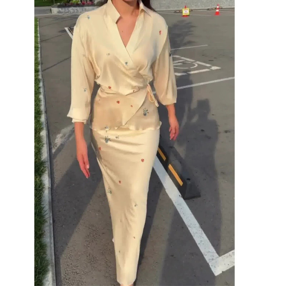 Womens Stylish Elegant Satin Long Sleeve Self Tie Blouse and Skirt Set In Stock